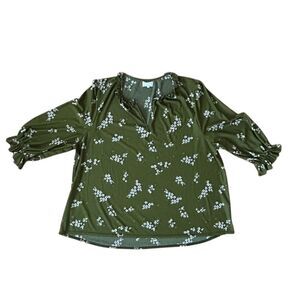 Melloday Women's 3XL Green Floral Balloon Sleeve Blouse